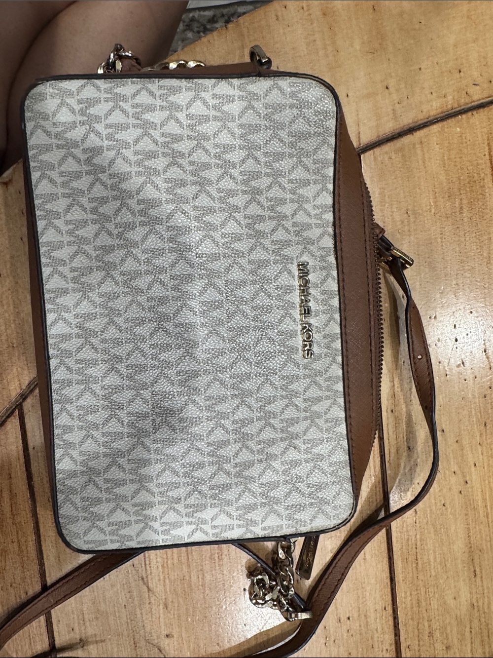 Michael Kors White/Beige Monogram Crossbody Messenger with Brown Trim